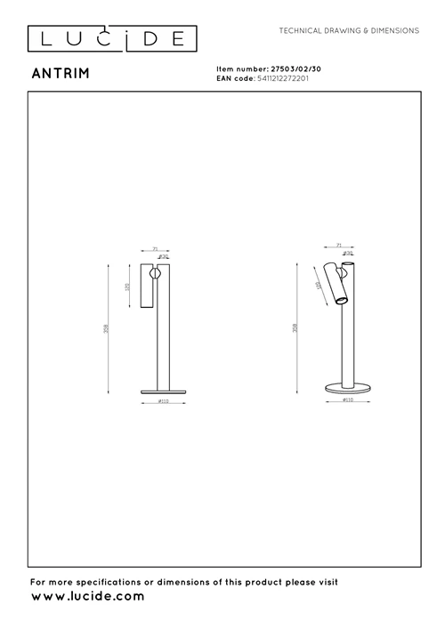 Lucide ANTRIM - wiederaufladbare Schreibtischlampe Innen/Außen - Akku/Batterie - LED Dim. - 1x2,2W 2700K - IP54 - Mit kabelloser Ladestation - Schwarz - technisch